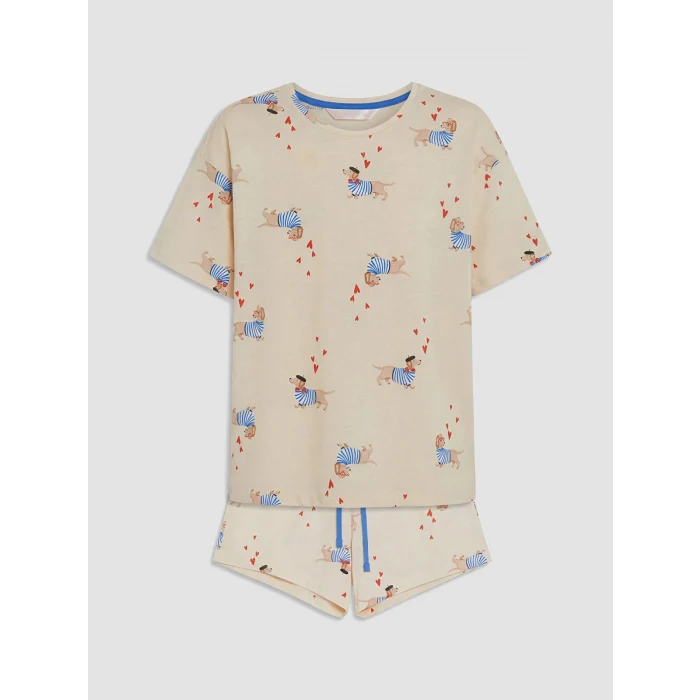 LCW DREAM Bej Köpek Baskılı Kadın Şortlu Pijama Takımı