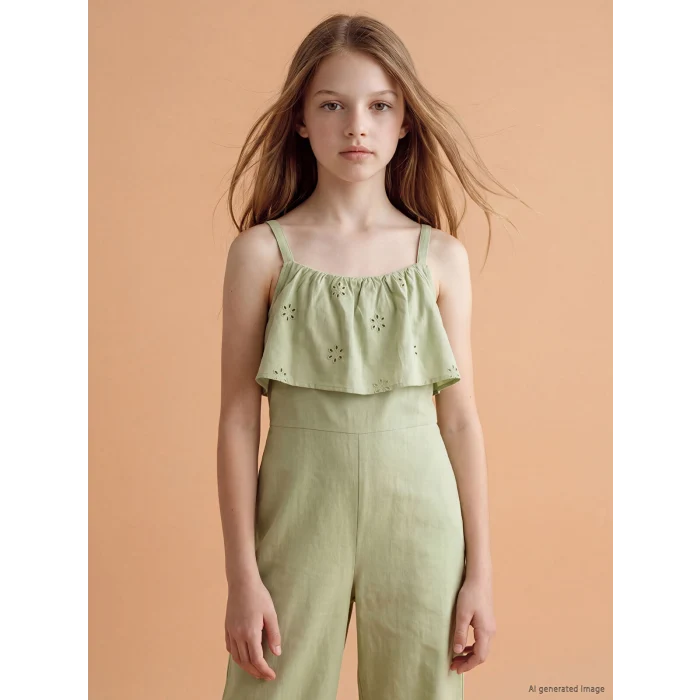 LCW Kids Yeşil Keten Karışımlı Fisto Detaylı Kız Çocuk Salopet