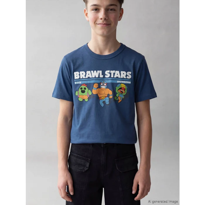 LCW Kids Lacivert Bisiklet Yaka Brawl Stars Baskılı Erkek Çocuk Tişört