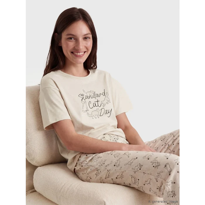 LCW DREAM Karışık Bisiklet Yaka Baskılı Kadın Pijama Takım