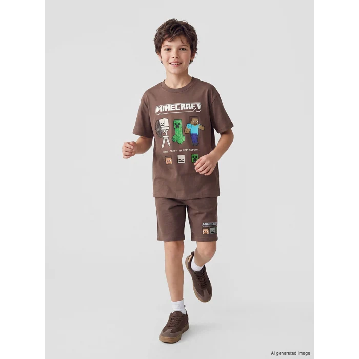 LCW Kids Kahverengi Minecraft Baskılı Erkek Çocuk Şort