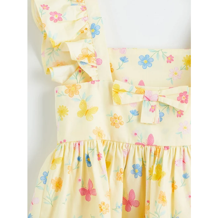 LCW Kids Ekru Kare Yaka Desenli Kız Çocuk Elbise
