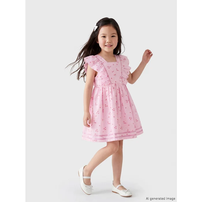 LCW Kids Pembe Kare Yaka Fırfırlı Kız Çocuk Elbise