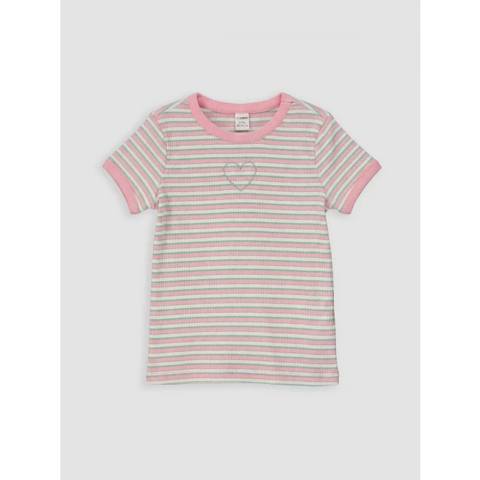 LCW Kids Pembe Bisiklet Yaka Çizgili Kız Çocuk Tişört