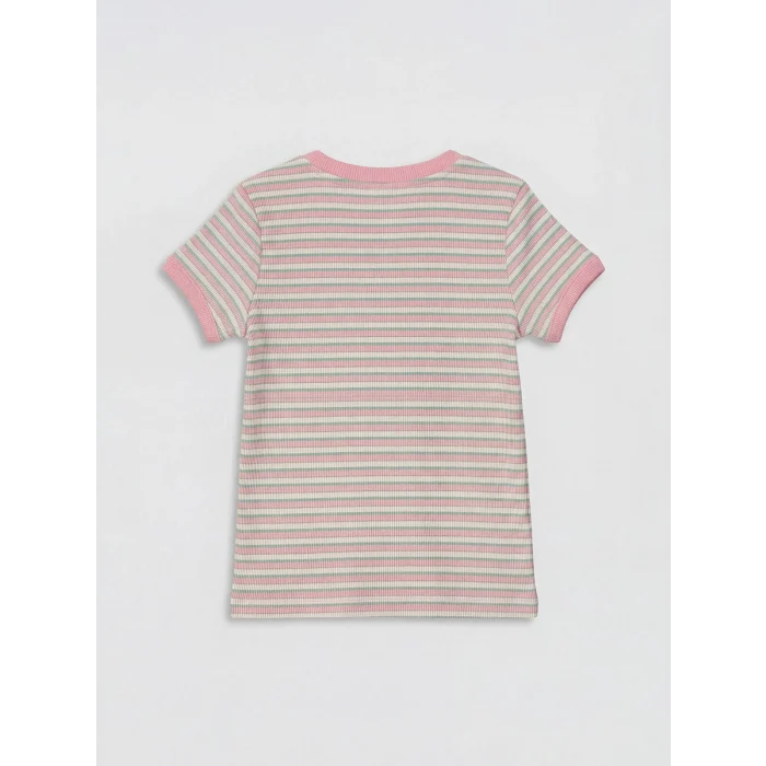 LCW Kids Pembe Bisiklet Yaka Çizgili Kız Çocuk Tişört
