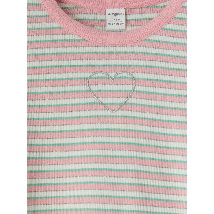 LCW Kids Pembe Bisiklet Yaka Çizgili Kız Çocuk Tişört