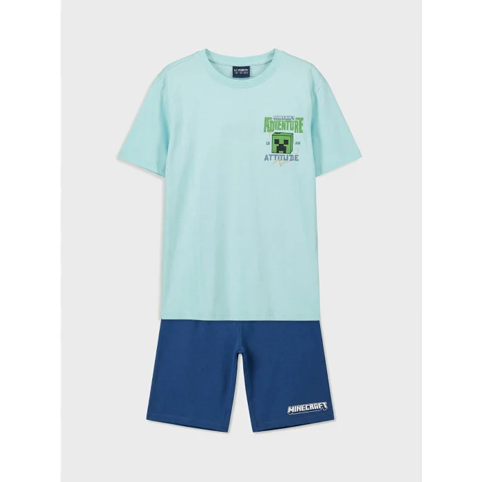 LCW Kids Mavi Minecraft Baskılı Erkek Çocuk Şortlu Pijama Takımı