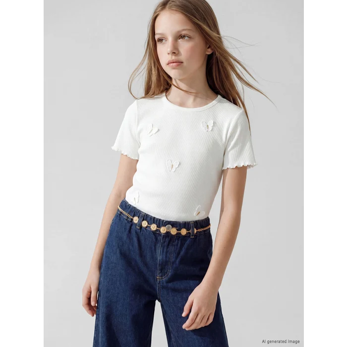 LCW Kids Ekru Nakışlı Kız Çocuk Fitilli Tişört