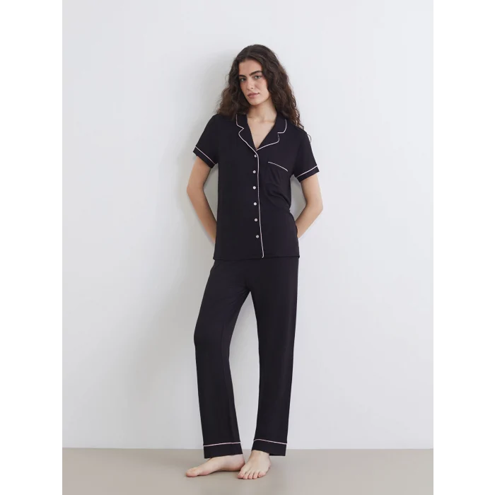 LCW DREAM Siyah Gömlek Yaka Kadın Pijama Takım