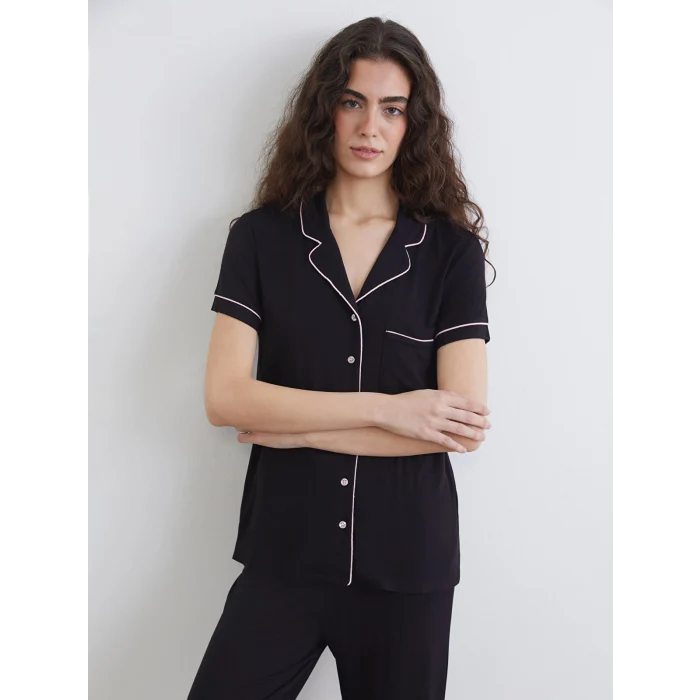 LCW DREAM Siyah Gömlek Yaka Kadın Pijama Takım