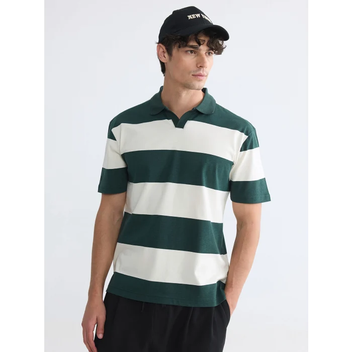 XSIDE Yeşil Polo Yaka Çizgili Penye Erkek Tişört