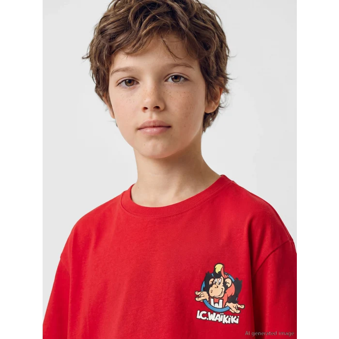 LCW Kids Kırmızı Nostaljik Maymun Baskılı Unisex Çocuk Tişört