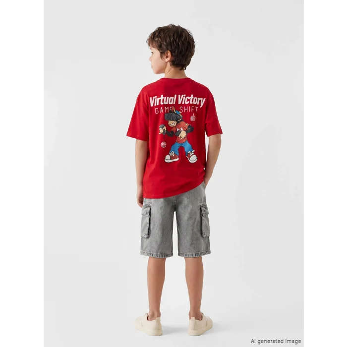LCW Kids Kırmızı Nostaljik Maymun Baskılı Unisex Çocuk Tişört