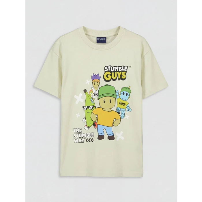 LCW Kids Bej Bisiklet Yaka Stumble Guys Baskılı Erkek Çocuk Tişört