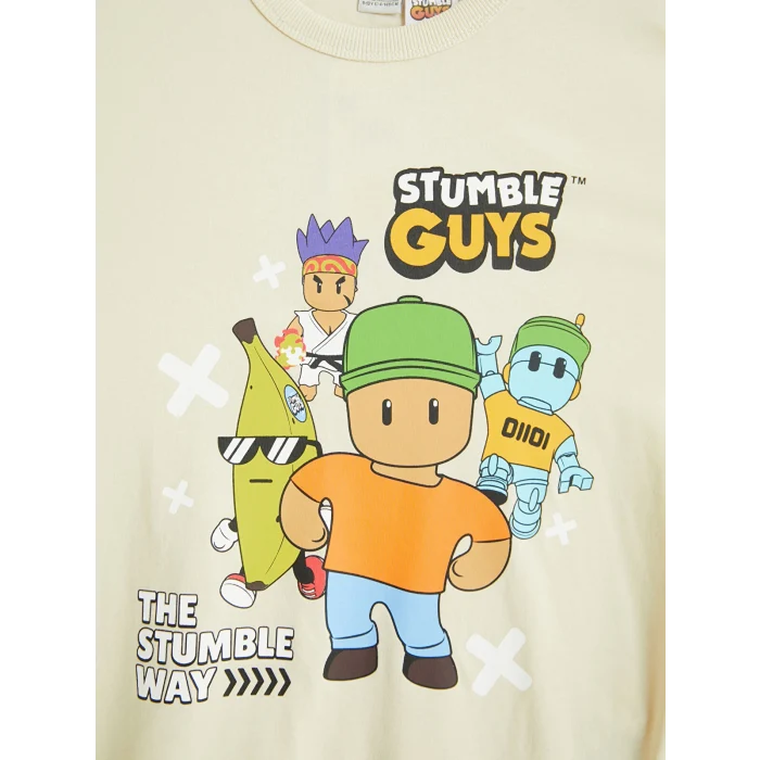 LCW Kids Bej Bisiklet Yaka Stumble Guys Baskılı Erkek Çocuk Tişört