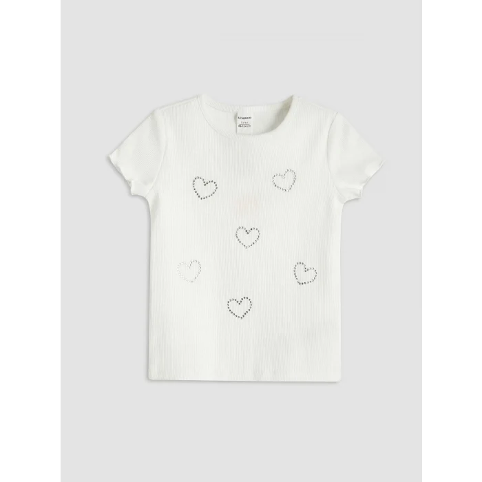 LCW Kids Beyaz Taşlı Kalp Desenli Kız Çocuk Fitilli Tişört