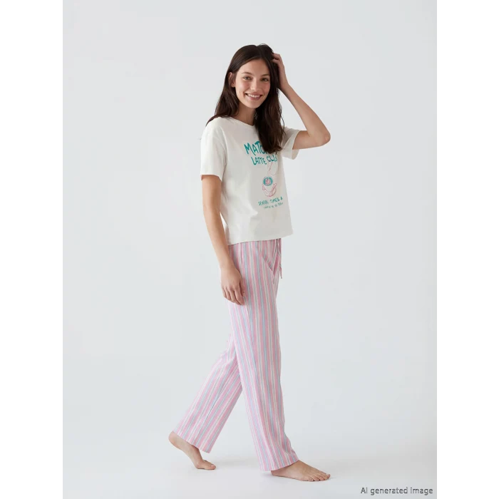 LCW DREAM Karışık Bisiklet Yaka Baskılı Kadın Pijama Takım