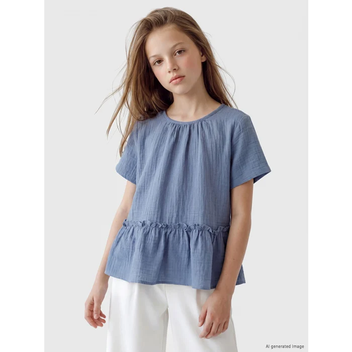 LCW Kids Mavi Bisiklet Yaka Fırfırlı Kız Çocuk Müslin Bluz