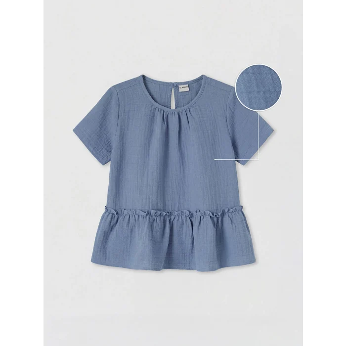 LCW Kids Mavi Bisiklet Yaka Fırfırlı Kız Çocuk Müslin Bluz