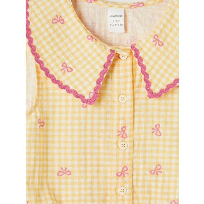 LCW Kids Sarı Bebe Yaka Fiyonk Baskılı Kız Çocuk Gömlek