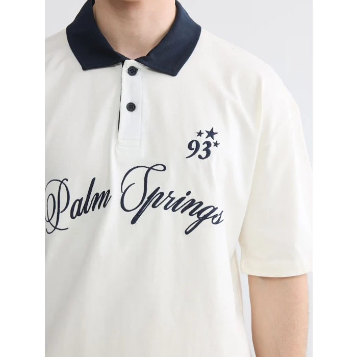 XSIDE Ekru Polo Yaka Nakışlı Erkek Tişört