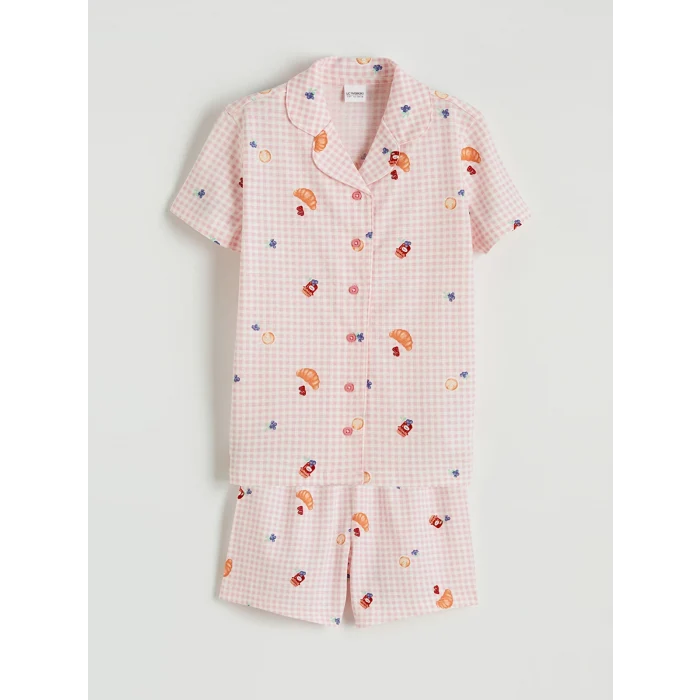 LCW Kids Ekru Gömlek Yaka Desenli Kız Çocuk Şortlu Pijama Takımı