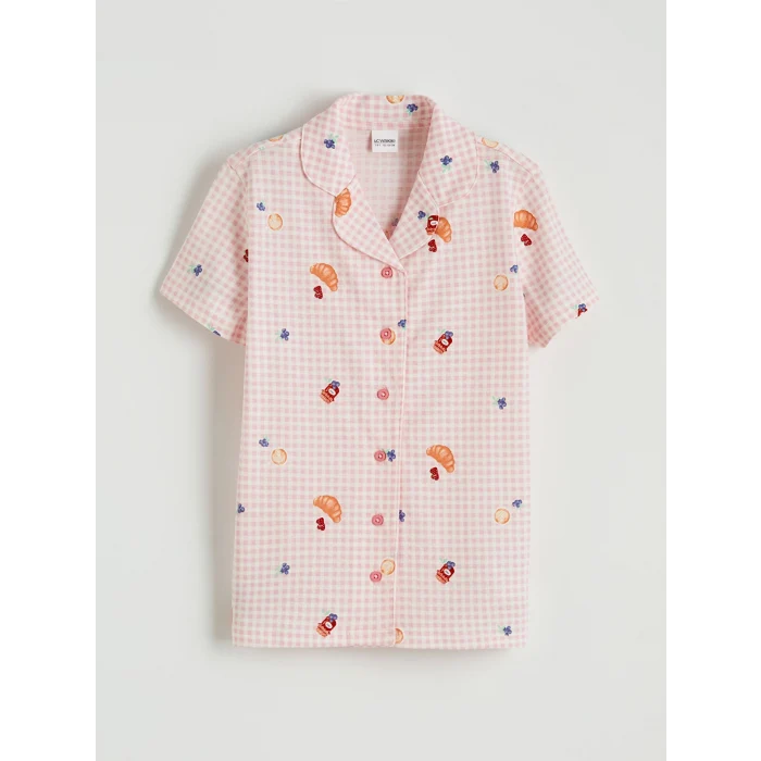 LCW Kids Ekru Gömlek Yaka Desenli Kız Çocuk Şortlu Pijama Takımı