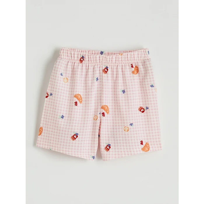 LCW Kids Ekru Gömlek Yaka Desenli Kız Çocuk Şortlu Pijama Takımı
