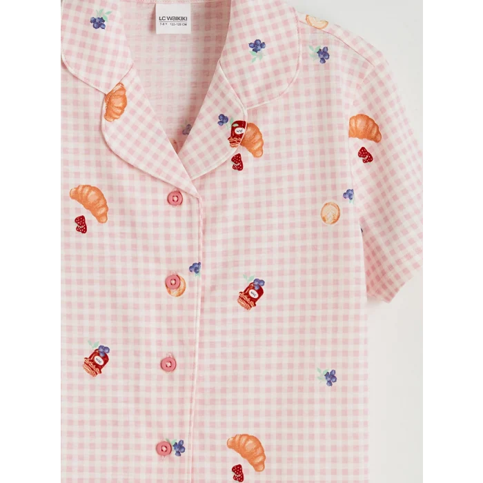 LCW Kids Ekru Gömlek Yaka Desenli Kız Çocuk Şortlu Pijama Takımı
