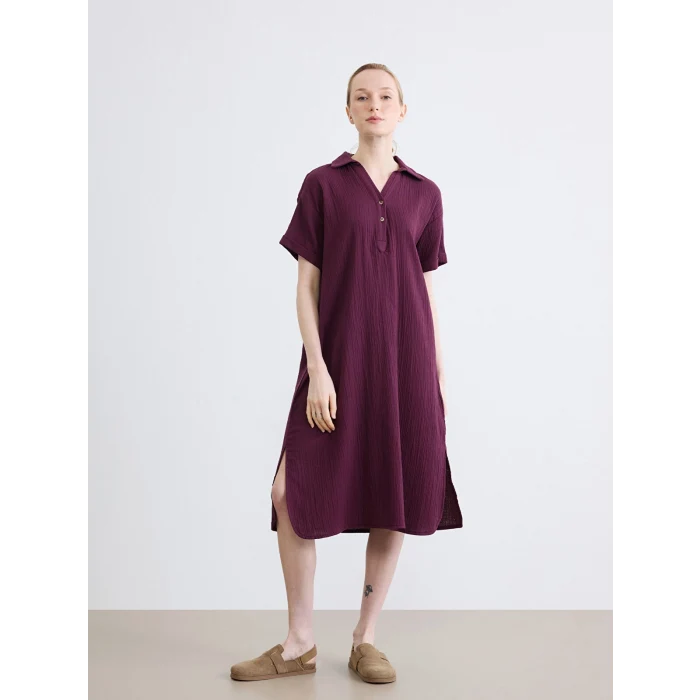 LCW EVERYDAY Mürdüm Gömlek Yaka Dokulu Oversize Müslin Elbise