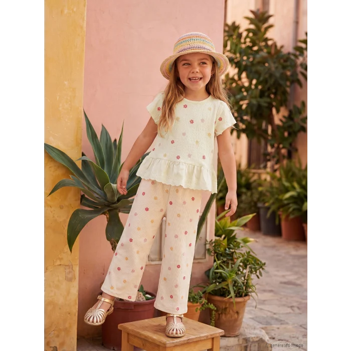 LCW Kids Ekru Çiçekli Kız Çocuk Tişört ve Pantolon