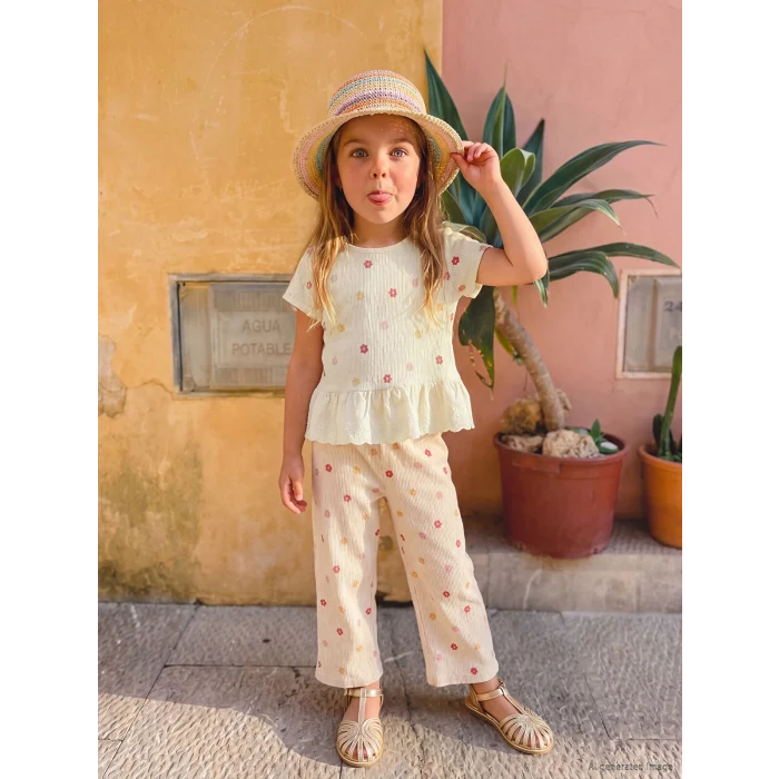 LCW Kids Ekru Çiçekli Kız Çocuk Tişört ve Pantolon
