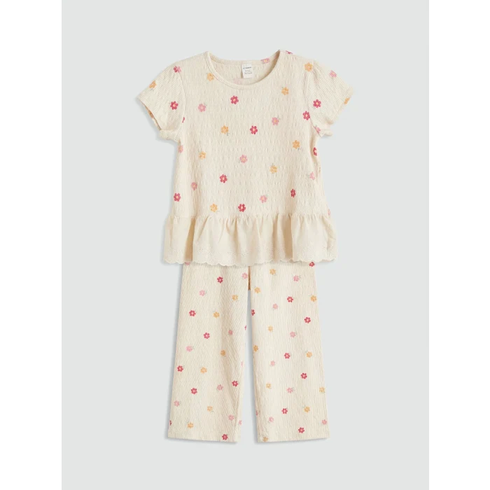 LCW Kids Ekru Çiçekli Kız Çocuk Tişört ve Pantolon
