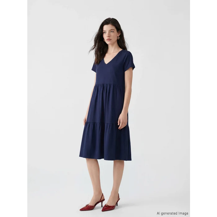 LCW Comfort Lacivert V Yaka Katkat Elbise