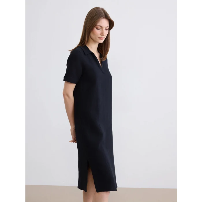 LCW Comfort Siyah Polo Yaka Yırtmaçlı Elbise