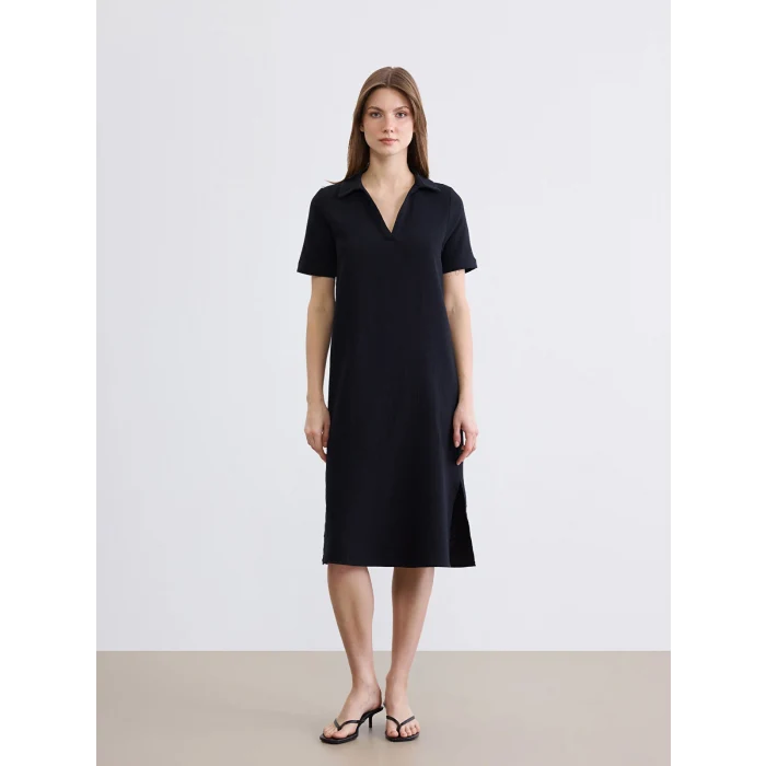 LCW Comfort Siyah Polo Yaka Yırtmaçlı Elbise