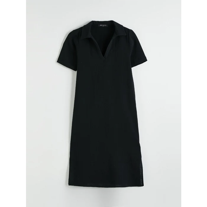 LCW Comfort Siyah Polo Yaka Yırtmaçlı Elbise