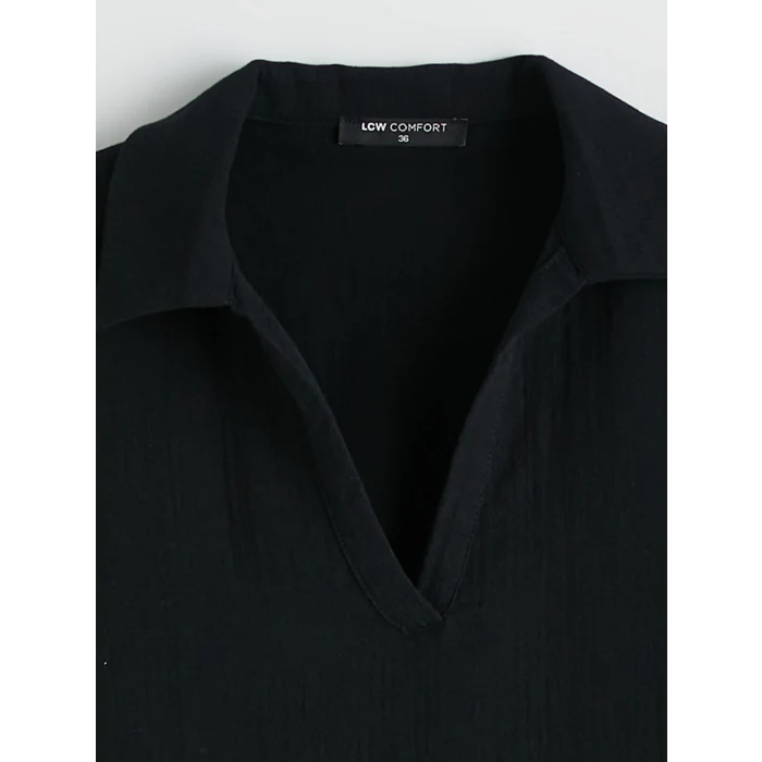 LCW Comfort Siyah Polo Yaka Yırtmaçlı Elbise
