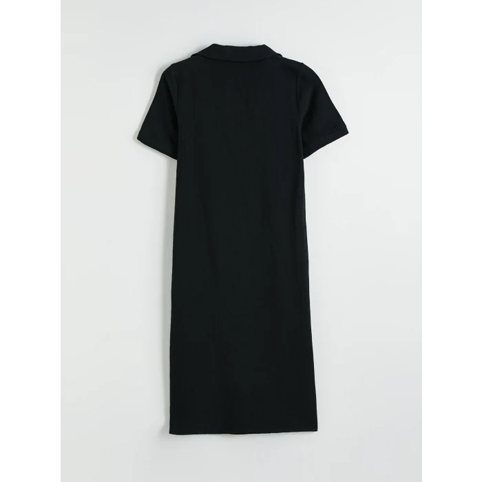LCW Comfort Siyah Polo Yaka Yırtmaçlı Elbise