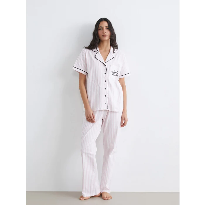 LCW DREAM Ekru Gömlek Yaka Çizgili Kadın Pijama Takım