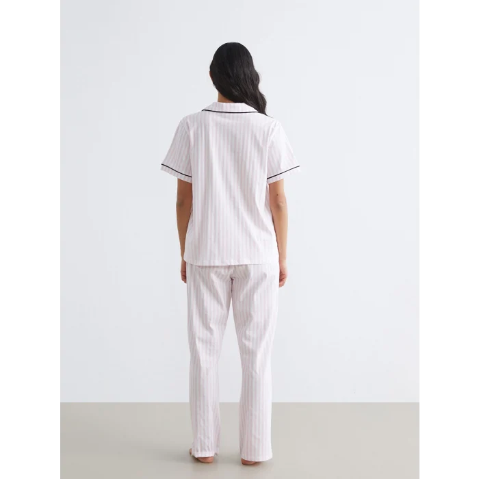 LCW DREAM Ekru Gömlek Yaka Çizgili Kadın Pijama Takım