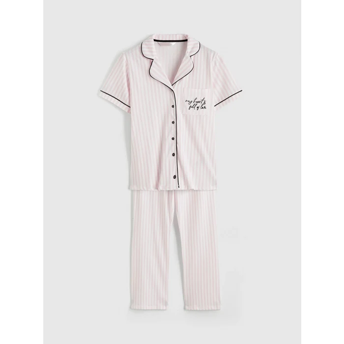 LCW DREAM Ekru Gömlek Yaka Çizgili Kadın Pijama Takım