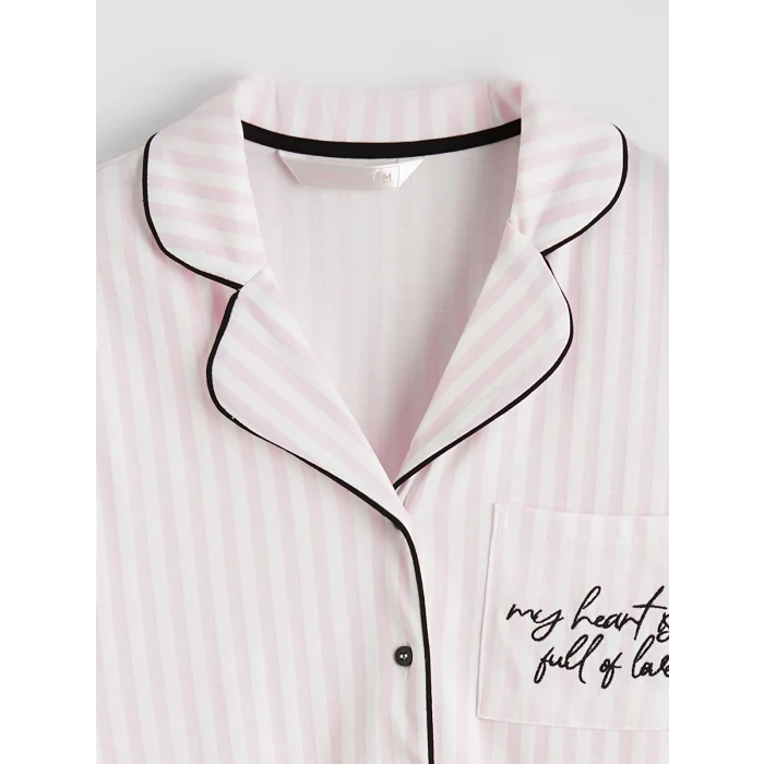 LCW DREAM Ekru Gömlek Yaka Çizgili Kadın Pijama Takım