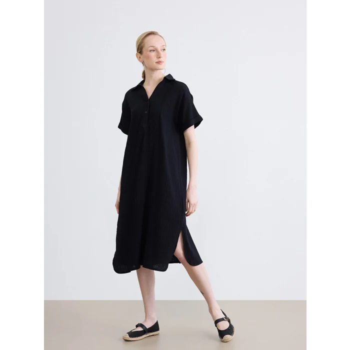 LCW EVERYDAY Siyah Gömlek Yaka Dokulu Oversize Müslin Elbise