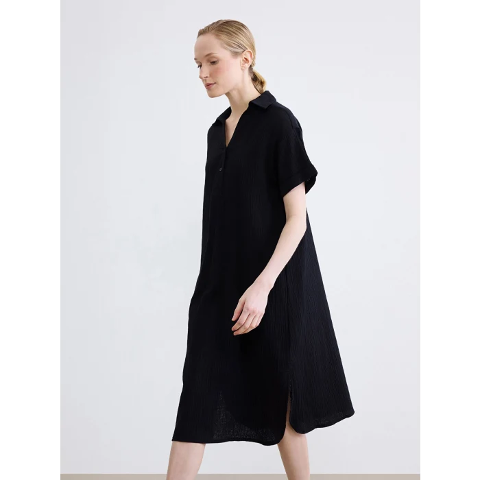 LCW EVERYDAY Siyah Gömlek Yaka Dokulu Oversize Müslin Elbise