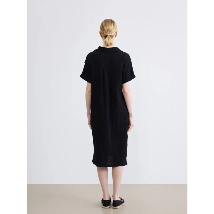 LCW EVERYDAY Siyah Gömlek Yaka Dokulu Oversize Müslin Elbise