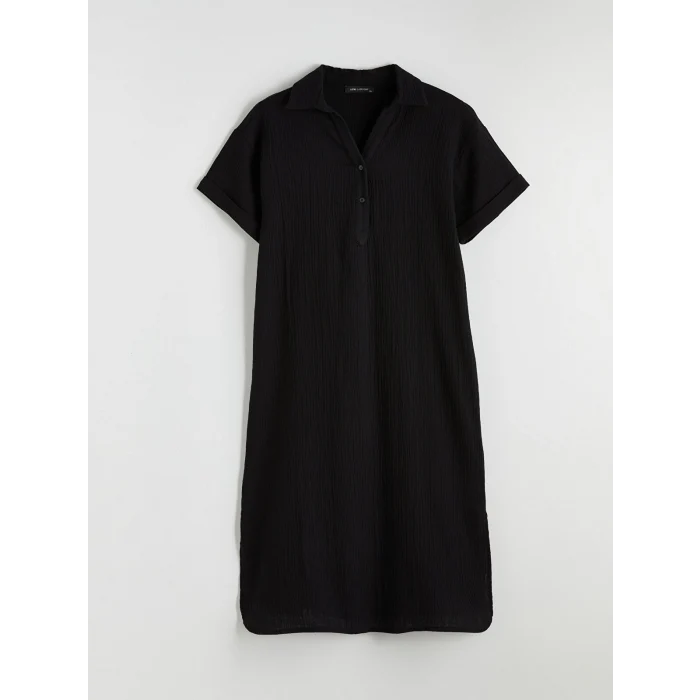 LCW EVERYDAY Siyah Gömlek Yaka Dokulu Oversize Müslin Elbise