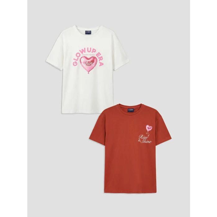 LCW Kids Beyaz Bisiklet Yaka Baskılı Kız Çocuk 2li Tişört