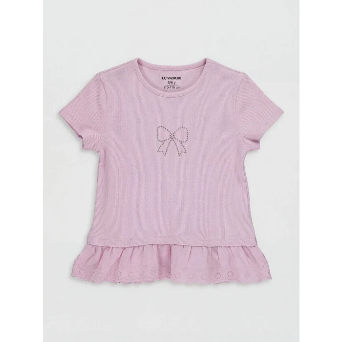 LCW Kids Lila Baskılı Fırfırlı Kız Çocuk Tişört