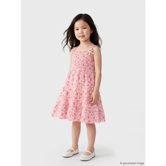 LCW Kids Pembe Kare Yaka Baskılı Kız Çocuk Krinkle Elbise